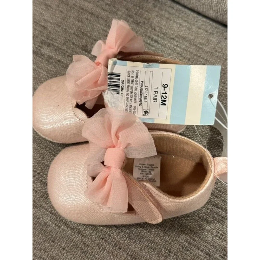 Cat & Jack Baby Girl Pink Bow Shimmer Dress Shoes Crib Booties 9-12 months NWT